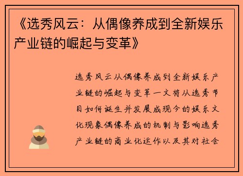 《选秀风云:从偶像养成到全新娱乐产业链的崛起与变革》