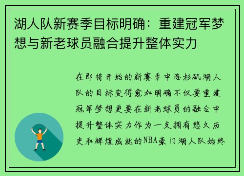 湖人队新赛季目标明确:重建冠军梦想与新老球员融合提升整体实力